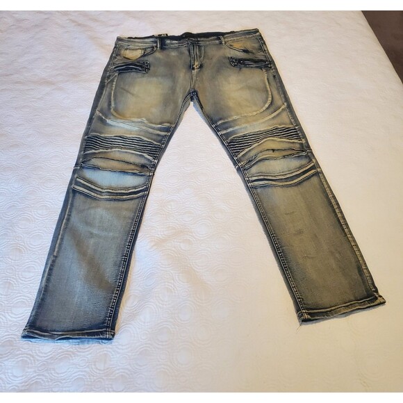 Waimea Mens Moto Jeans Size 42 Skinny Fit Light Blue Denim Wash Distressed Look - Picture 4 of 12